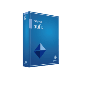 Blue ONYX trufit RIP Software box with geometric diamond-shaped graphic and ONYX branding, from Onyx Graphics, displayed on a plain white background. Ideal for precise cutting workflow solutions.