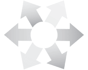 Five gray arrows radiate outward from a central circle, pointing in multiple directions on a light background—ideal for illustrating Printing or Cutting workflow concepts, especially with Onyx Graphics solutions.