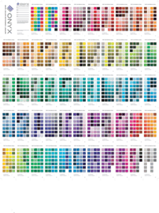 A printed color chart with hundreds of small colored squares, organized in rows and columns, labeled with codes and arranged by hue and shade—ideal for precise color matching when using RIP Software like Onyx Graphics.
