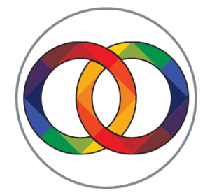 Two interlocking rings with a geometric pattern, each displaying a spectrum of rainbow colors, enclosed within a thin gray circle—a vibrant symbol perfect for printing or cutting with RIP Software.