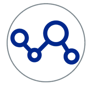 A blue line graph with four connected circles, representing data trends, sits inside a gray outlined circle on a white background—perfect for illustrating Onyx Graphics RIP Software in professional printing workflows.