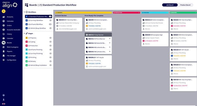 A digital project management board displays columns for workflow stages, with color-coded cards representing tasks like Cutting and tracking their progress through production steps, seamlessly integrating tools such as Onyx Graphics RIP Software.