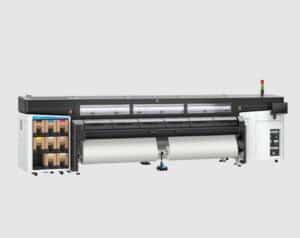 Large-format industrial printer with dual paper rolls and multiple ink cartridges, designed for high-volume printing jobs, featuring advanced RIP software, set against a plain background.