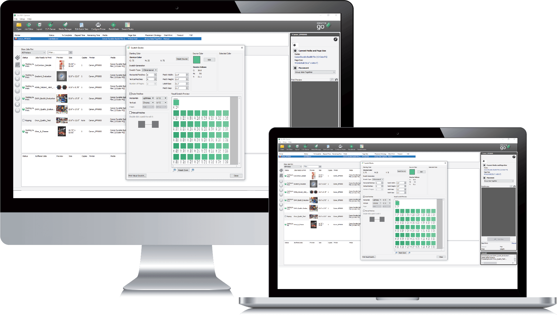 Two computer screens display a scheduling or attendance management software interface with tables, calendars, and user lists visible, alongside Onyx Graphics RIP Software tools for precise job processing and cutting management.