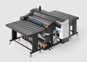 Large industrial printer with extended trays on both sides, mounted on wheels, featuring controls and storage compartments—ideal for high-quality printing when paired with powerful RIP software like Onyx Graphics. Set against a plain white background.