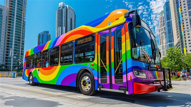 A city bus with a colorful rainbow swirl design—created using advanced printing and RIP software—is parked on a street surrounded by tall modern buildings under a blue sky.