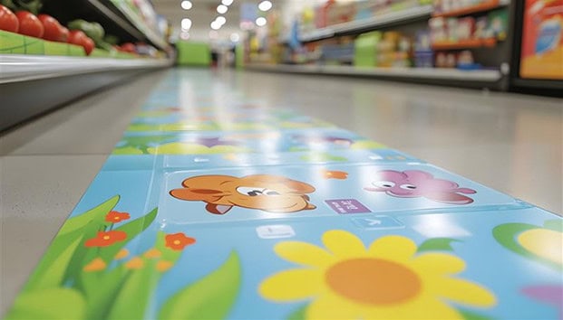 A colorful floor mat with cartoon animals and flowers, designed by Onyx Graphics, is placed between grocery aisles in a supermarket.