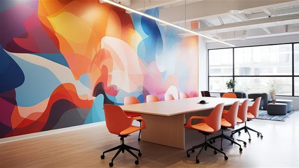 Modern conference room with orange chairs around a rectangular table, featuring a colorful abstract mural and large windows. Perfect for creative teams discussing RIP software, cutting solutions, or Onyx Graphics innovations.