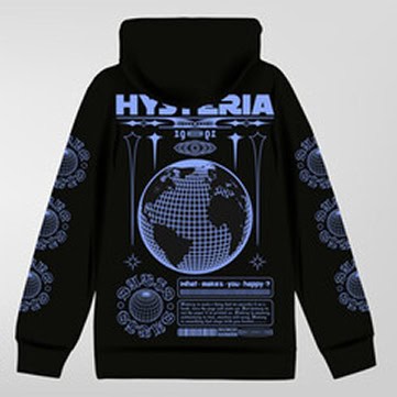 Black hoodie featuring a digital-style globe graphic and the word "HYSTERIA" in large blue text, inspired by Onyx Graphics RIP Software, with additional symbols and text on the back and sleeves.