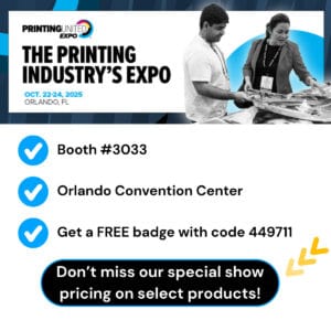 Promotional graphic for The Printing Industry’s Expo 2025, featuring Printing solutions and booth info, location, free badge code, and special pricing. Two people are pictured reviewing printed materials by Onyx Graphics and cutting samples.