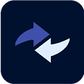 Two curved arrows, one dark blue and one light blue, pointing in opposite directions on a dark blue square background.
