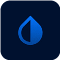 A blue water droplet icon with a vertical line dividing it in half, set against a dark blue square background.
