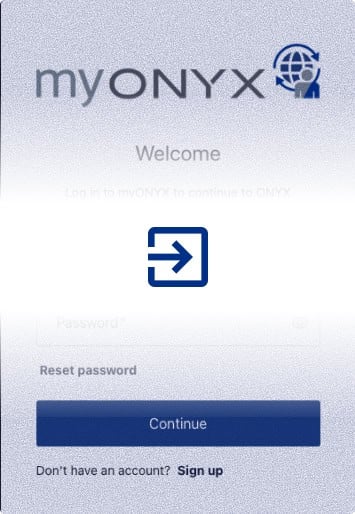 Login screen for myONYX, the Onyx Graphics portal for Commercial Printing professionals, featuring a password field, reset password link, Continue button, and a Sign up option for new users.