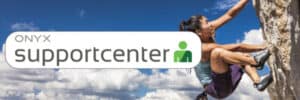 ONYX Support: Technical Resources & Customer Assistance, All in One Place 2 A woman climbs a steep rock face outdoors under a blue sky, next to a graphic that reads "ONYX supportcenter" with a green icon, highlighting ONYX support and customer assistance for adventurers seeking reliable technical resources.
