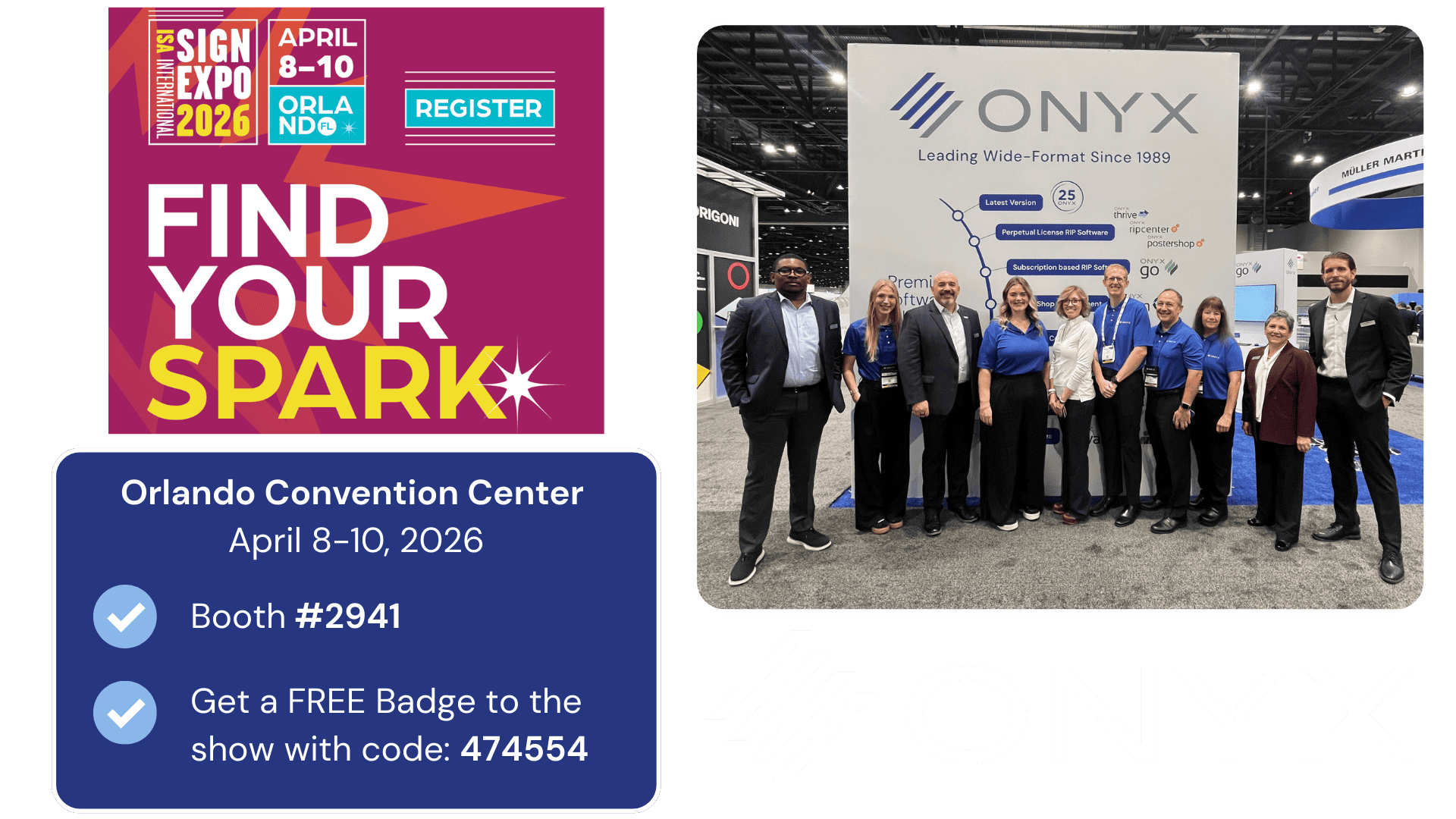 Promotional graphic for The Sign Expo 2026 with event details and a group photo of ONYX booth staff at a convention.