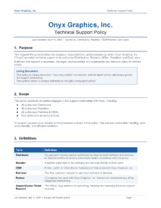 Support Policy 1 A page from Onyx Graphics’ support policy outlining purpose, scope, and definitions for distributors, resellers, partners, and users; includes a table of key terms and their meanings.