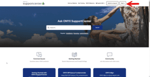 Register an Account with ONYX SupportCenter 6 Screenshot of the ONYX SupportCenter homepage with a red arrow pointing to the "Sign In" button at the top right corner, highlighting where users can register an account for support registration.
