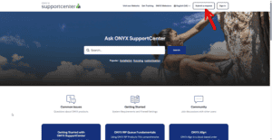 Register an Account with ONYX SupportCenter 7 Screenshot of the ONYX SupportCenter homepage with a red arrow pointing to the "Submit a request" button in the top right corner, making it easy for ONYX Support users to register an account or get help quickly.