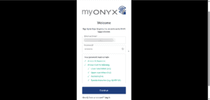 Register an Account with ONYX SupportCenter 4 Screenshot of the myONYX login page showing fields for email and password, password requirements, and buttons for continue, log in, and support registration through the ONYX SupportCenter at the bottom.