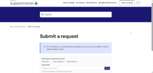 Register an Account with ONYX SupportCenter 8 Screenshot of the ONYX SupportCenter’s "Submit a request" page, where users can register an account and fill in form fields for customer type and license key verification to access ONYX support.