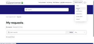 Screenshot of the ONYX SupportCenter support page, showing the "My requests" section with no requests found and the "Submit a request" dropdown menu open, highlighting how to seek help with account registration or other issues.